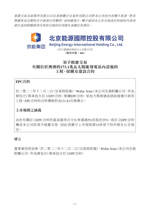 6.17億！北京能源國際簽訂173.1MW光伏EPC合約